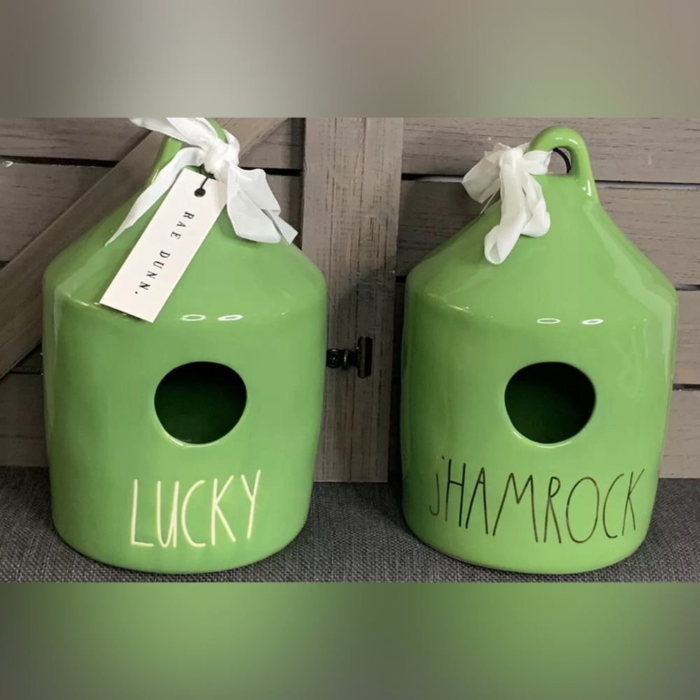 RAE DUNN St Patricks Day  "SHAMROCK" Green/Gold Birdhouse and lucky both w/ sham